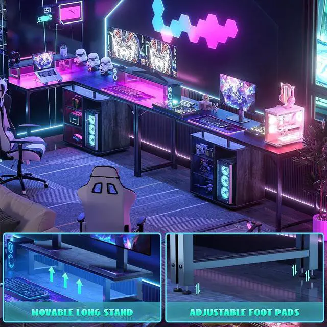 Alt view image 5 of 7 - 59'' L Shaped Desk with Power Outlet and Storage Shelves, Reversible Gaming Desk with LED Strip, Large 2 Person Computer Desk with Cabinet & Monitor Stand, Corner Home Office Desk, Grey Oak