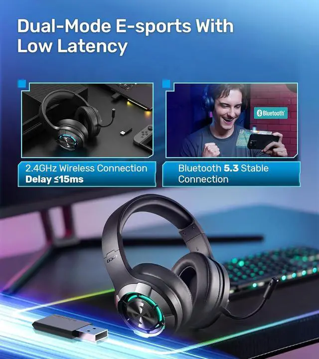 Alt view image 2 of 7 - HECATE by Edifier G30S Wireless Gaming Headset, 2.4GHz / Bluetooth 5.3 Dual-Mode Transmission, Game Sound Effects, Dual Noise Cancelling Microphone for PC/MAC/PS4/PS5, RGB Lighting - Black