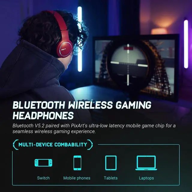 Alt view image 5 of 7 - Edifier Gaming Headset, Bluetooth 5.2 Wireless Headphones with 40mm Driver, Deep Bass Stereo Sound, Lightweight Noise Cancelling Over Ear Headphones with Soft Earmuffs, RGB Light, Red