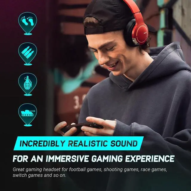 Alt view image 3 of 7 - Edifier Gaming Headset, Bluetooth 5.2 Wireless Headphones with 40mm Driver, Deep Bass Stereo Sound, Lightweight Noise Cancelling Over Ear Headphones with Soft Earmuffs, RGB Light, Red