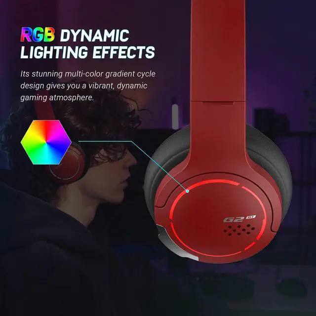 Alt view image 7 of 7 - Edifier Gaming Headset, Bluetooth 5.2 Wireless Headphones with 40mm Driver, Deep Bass Stereo Sound, Lightweight Noise Cancelling Over Ear Headphones with Soft Earmuffs, RGB Light, Red