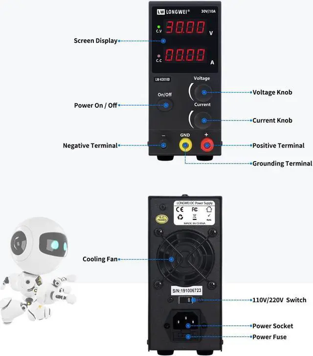 Alt view image 2 of 5 - DC Power Supply Variable,30V 10A 4 Digital LED Display Adjustable Regulated Switching Power Supply Digital with Leads Power Cord (30V 10A Black)