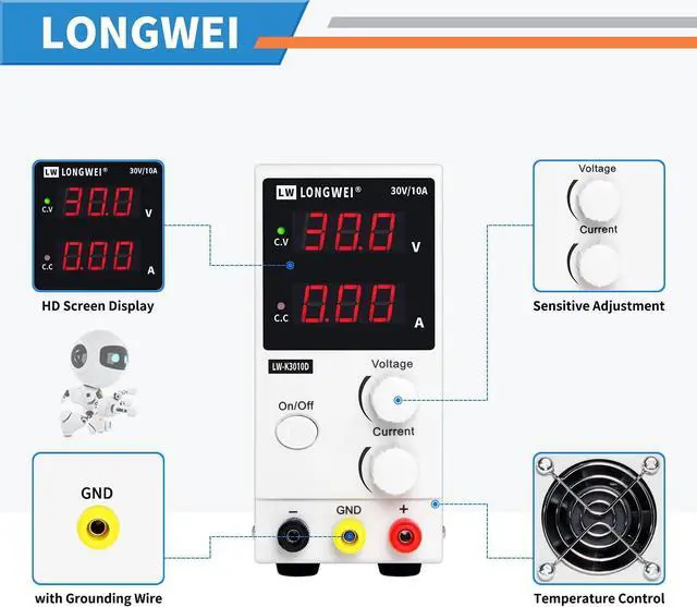 Alt view image 2 of 6 - DC Power Supply Variable,0-30 V / 0-10 A LW-K3010D Adjustable Switching Regulated Power Supply Digital,with Alligator Leads US Power Cord for Spectrophotometer and lab Equipment Repair