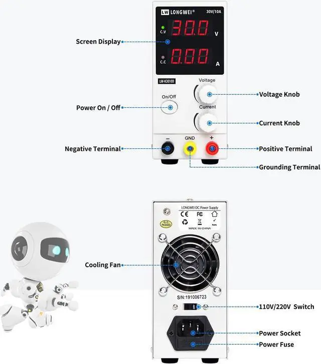 Alt view image 3 of 6 - DC Power Supply Variable,0-30 V / 0-10 A LW-K3010D Adjustable Switching Regulated Power Supply Digital,with Alligator Leads US Power Cord for Spectrophotometer and lab Equipment Repair