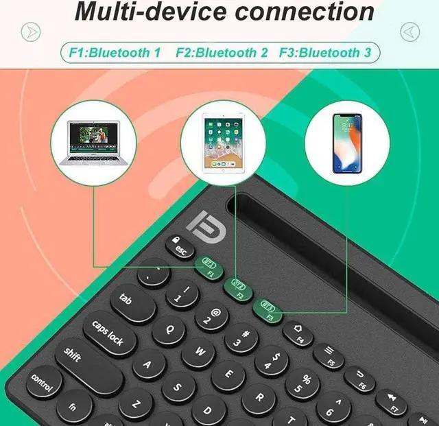 Alt view image 2 of 5 - Dual Channel Multi-Device Universal Cute Wireless Bluetooth Keyboard Portable Slim with 20m Connection Distance for Tablet Smart Phone PC Windows Android iOS Mac - Black