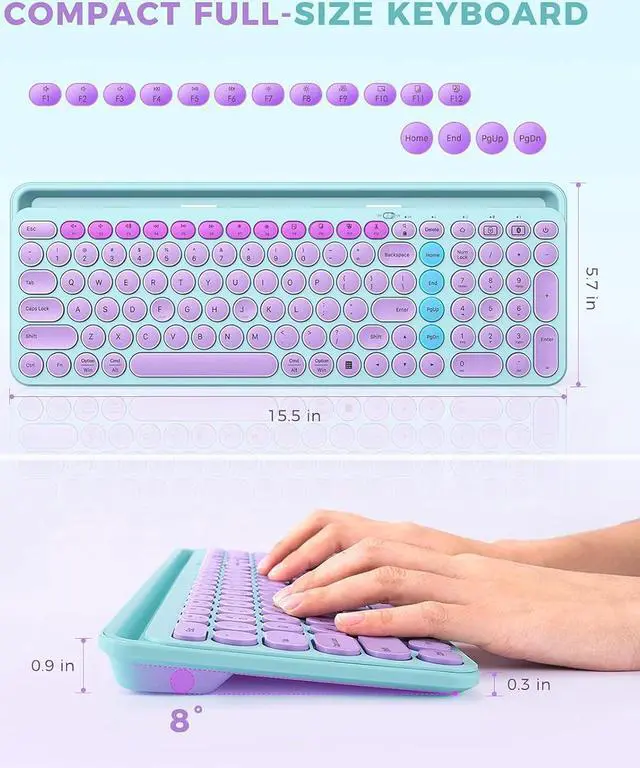 Alt view image 5 of 7 - Cute Wireless Bluetooth Keyboard, Bluetooth + 2.4G Round Key Typewriter Keyboard with Number Pad, Phone Tablet Holder for iPad, Andriod Phone, MacBook/Windows Computer Desktop, Purple