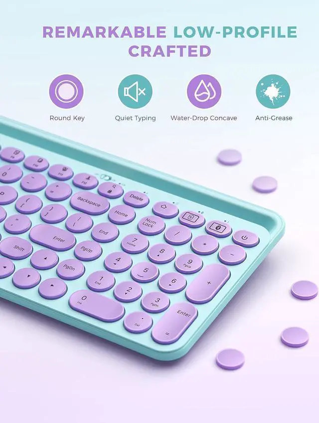 Alt view image 3 of 7 - Cute Wireless Bluetooth Keyboard, Bluetooth + 2.4G Round Key Typewriter Keyboard with Number Pad, Phone Tablet Holder for iPad, Andriod Phone, MacBook/Windows Computer Desktop, Purple