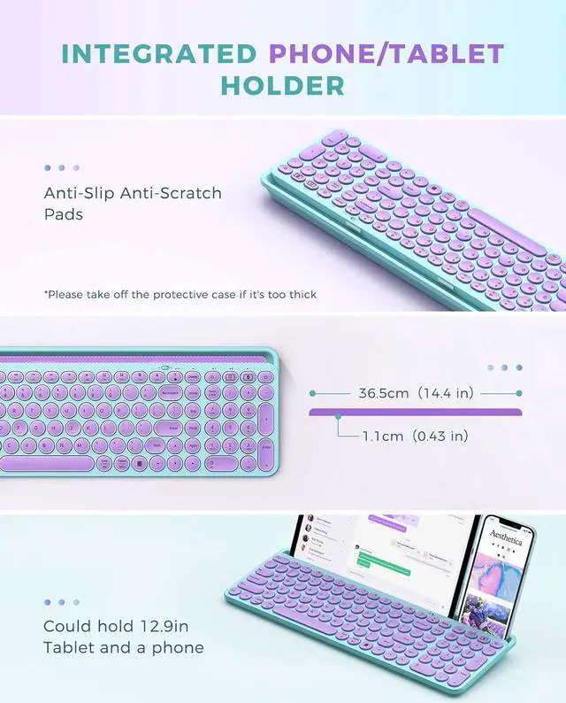 Alt view image 2 of 7 - Cute Wireless Bluetooth Keyboard, Bluetooth + 2.4G Round Key Typewriter Keyboard with Number Pad, Phone Tablet Holder for iPad, Andriod Phone, MacBook/Windows Computer Desktop, Purple