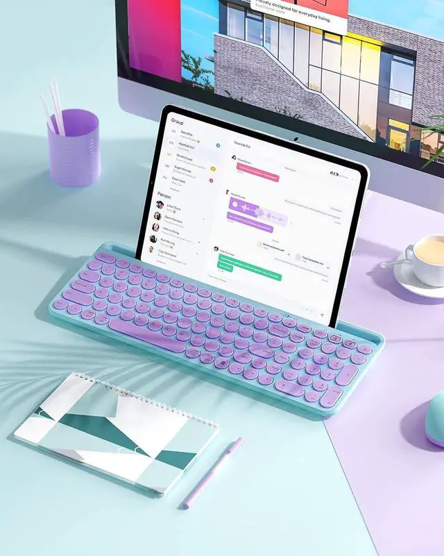 Alt view image 7 of 7 - Cute Wireless Bluetooth Keyboard, Bluetooth + 2.4G Round Key Typewriter Keyboard with Number Pad, Phone Tablet Holder for iPad, Andriod Phone, MacBook/Windows Computer Desktop, Purple