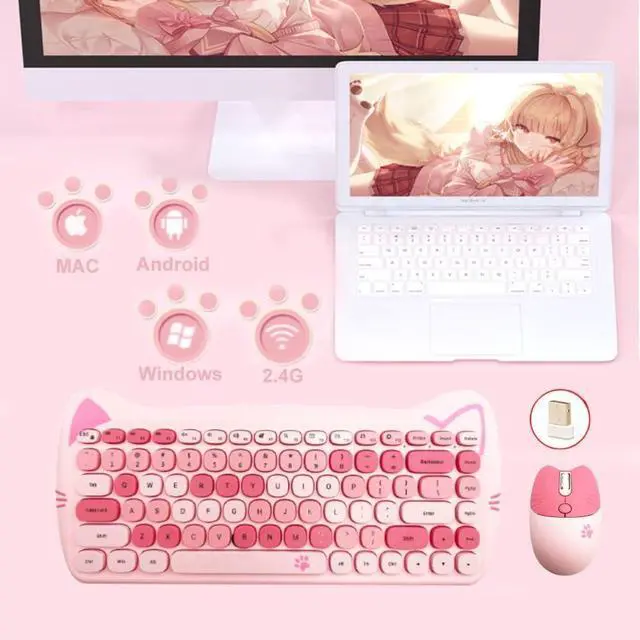 Alt view image 3 of 5 - Wireless Mouse and Keyboard Set, Cute Cat Keyboard Mouse Combo for Girl Gift,2.4G Cordless Computer Mice with USB Receiver for Laptop PC MAC - Cherry Blossom Pink