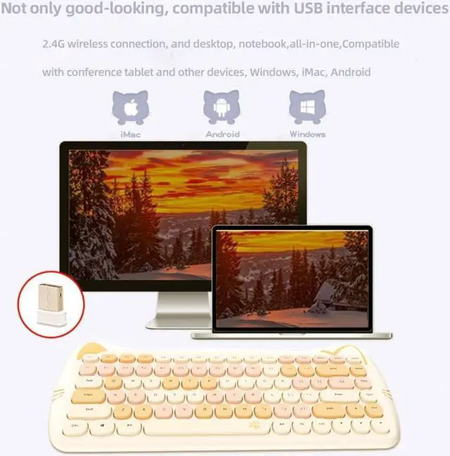 Alt view image 2 of 5 - Wireless Mouse and Keyboard Set, Cute Cat Keyboard Mouse Combo for Girl Gift,2.4G Cordless Computer Mice with USB Receiver for Laptop PC MAC - Milk Tea Brown Yellow