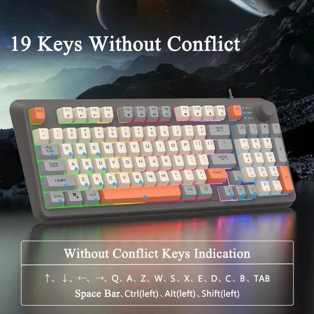 Alt view image 3 of 6 - Mechanical Gaming Keyboard,Wired Office Keyboard with RGB Backlit,Full Size Keyboard with Three Color Mixed Keycaps, Keyboard with 94 Keys for Windows Laptop PC Mac - Grey