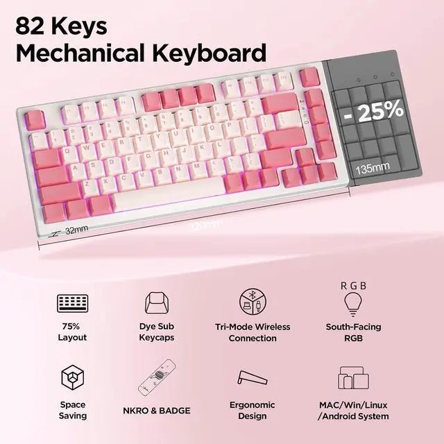 Alt view image 2 of 7 - 75% Hot Swappable Wireless Gaming Mechanical Keyboard, RGB Backlights, BT5.0/2.4G/USB-C, Dye Sub PBT Keycaps for Linux/Win/Mac(Gateron G Pro Red, Red)