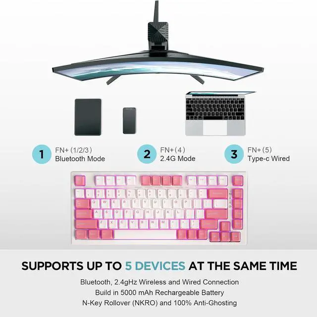 Alt view image 4 of 7 - 75% Hot Swappable Wireless Gaming Mechanical Keyboard, RGB Backlights, BT5.0/2.4G/USB-C, Dye Sub PBT Keycaps for Linux/Win/Mac(Gateron G Pro Red, Red)