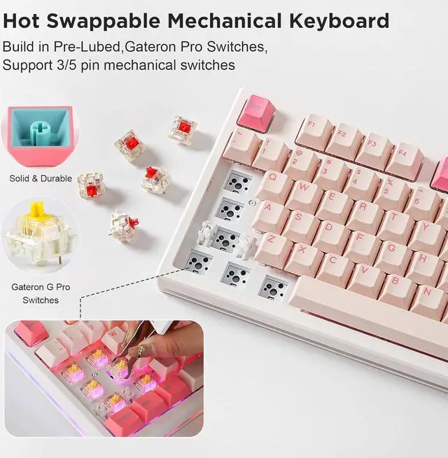 Alt view image 5 of 7 - 75% Hot Swappable Wireless Gaming Mechanical Keyboard, RGB Backlights, BT5.0/2.4G/USB-C, Dye Sub PBT Keycaps for Linux/Win/Mac(Gateron G Pro Red, Red)