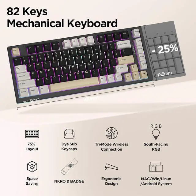 Alt view image 2 of 7 - 75% Hot Swappable Wireless Gaming Mechanical Keyboard, RGB Backlights, BT5.0/2.4G/USB-C, Dye Sub PBT Keycaps for Linux/Win/Mac(Gateron G Pro Black ,Black)