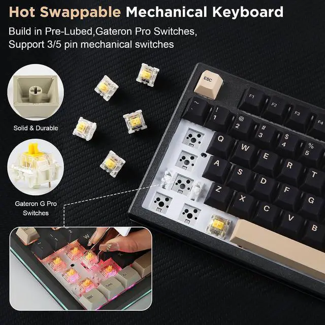 Alt view image 6 of 7 - 75% Hot Swappable Wireless Gaming Mechanical Keyboard, RGB Backlights, BT5.0/2.4G/USB-C, Dye Sub PBT Keycaps for Linux/Win/Mac(Gateron G Pro Black ,Black)