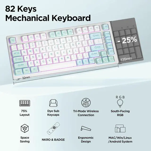 Alt view image 2 of 6 - 75% Hot Swappable Wireless Gaming Mechanical Keyboard, RGB Backlights, BT5.0/2.4G/USB-C, Dye Sub PBT Keycaps for Linux/Win/Mac(Gateron G Pro Brown, Mint)