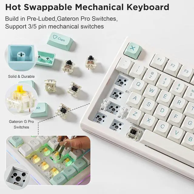 Alt view image 5 of 6 - 75% Hot Swappable Wireless Gaming Mechanical Keyboard, RGB Backlights, BT5.0/2.4G/USB-C, Dye Sub PBT Keycaps for Linux/Win/Mac(Gateron G Pro Brown, Mint)