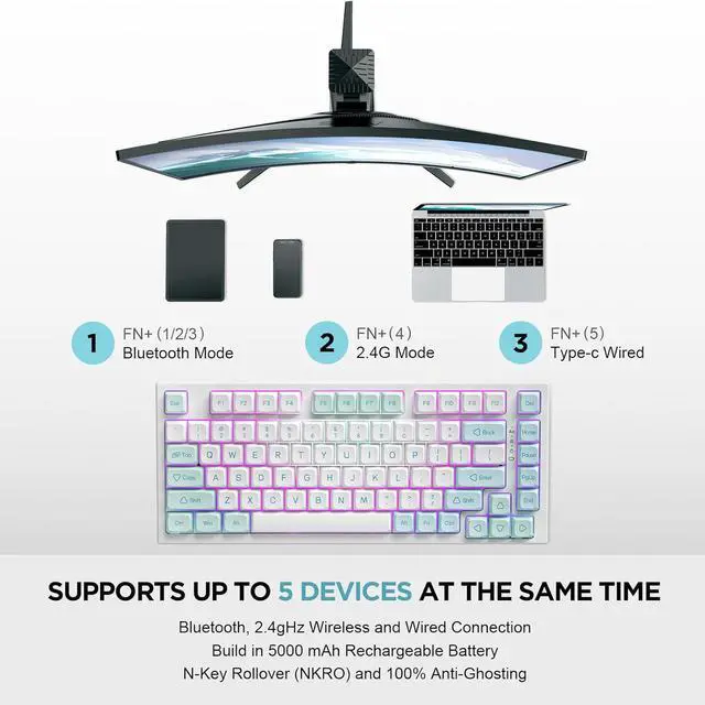 Alt view image 3 of 6 - 75% Hot Swappable Wireless Gaming Mechanical Keyboard, RGB Backlights, BT5.0/2.4G/USB-C, Dye Sub PBT Keycaps for Linux/Win/Mac(Gateron G Pro Yellow, Mint)