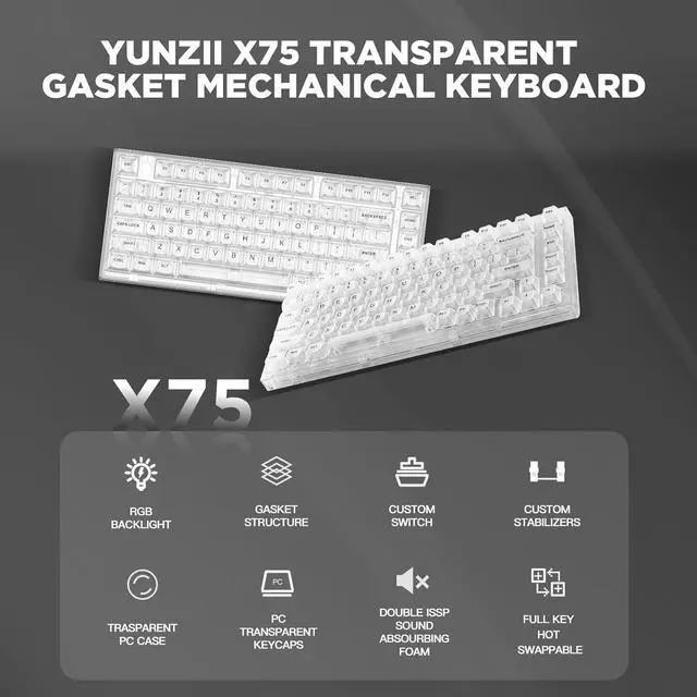 Alt view image 2 of 7 - 82 Key Wireless Hot Swappable Mechanical Gaming Keyboard with Transparent Keycaps,BT5.0/2.4G/USB-C, Gasket Mount Keyboard,for Windows/Mac (Crystal Ice Switch, Wireless-White)