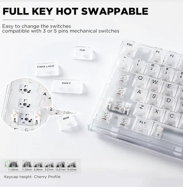Alt view image 3 of 7 - 82 Key Wireless Hot Swappable Mechanical Gaming Keyboard with Transparent Keycaps,BT5.0/2.4G/USB-C, Gasket Mount Keyboard,for Windows/Mac (Crystal Ice Switch, Wireless-White)