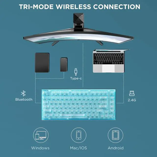 Alt view image 4 of 7 - 82 Key Wireless Hot Swappable Mechanical Gaming Keyboard with Transparent Keycaps,BT5.0/2.4G/USB-C, Gasket Mount Keyboard,for Windows/Mac (Crystal Ice Switch, Wireless-Light Blue)