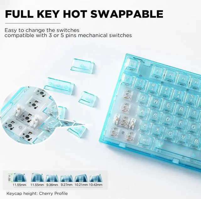 Alt view image 5 of 7 - 82 Key Wireless Hot Swappable Mechanical Gaming Keyboard with Transparent Keycaps,BT5.0/2.4G/USB-C, Gasket Mount Keyboard,for Windows/Mac (Crystal Ice Switch, Wireless-Light Blue)