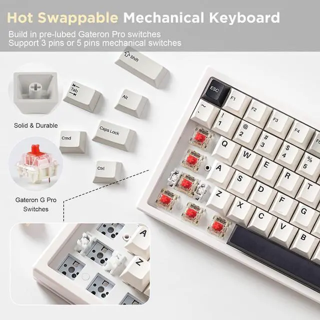 Alt view image 3 of 7 - 84 Keys 75% Gasket NKRO Hot Swappable 2.4Ghz/Bluetooth 5.0/USB-C Wireless Mechanical Gaming Keyboard, 5000mAh Battery, RGB Backlight for Win/Mac/Gamers(Gateron Red Switch, White)