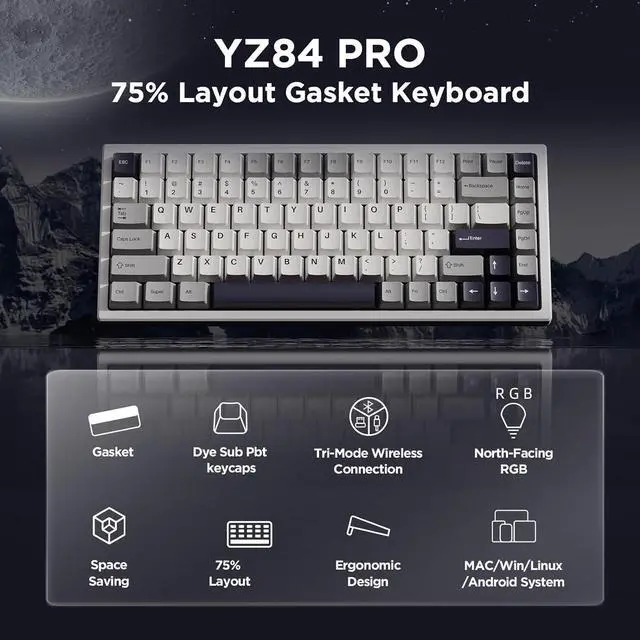 Alt view image 2 of 7 - 84 Keys 75% Gasket NKRO Hot Swappable 2.4Ghz/Bluetooth 5.0/USB-C Wireless Mechanical Gaming Keyboard, 5000mAh Battery, RGB Backlight for Win/Mac/Gamers(Gateron Red Switch, White)