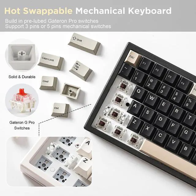 Alt view image 6 of 7 - 84 Keys 75% Gasket NKRO Hot Swappable 2.4Ghz/Bluetooth 5.0/USB-C Wireless Mechanical Gaming Keyboard, 5000mAh Battery, RGB Backlight for Win/Mac/Gamers(Gateron Yellow Switch, Black)