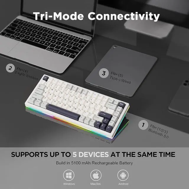 Alt view image 5 of 7 - 84 Keys 75% Gasket NKRO Hot Swappable 2.4Ghz/Bluetooth 5.0/USB-C Wireless Mechanical Gaming Keyboard, 5000mAh Battery, RGB Backlight for Win/Mac/Gamers(Gateron Brown Switch, Black)