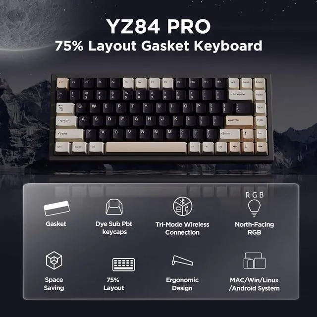 Alt view image 2 of 7 - 84 Keys 75% Gasket NKRO Hot Swappable 2.4Ghz/Bluetooth 5.0/USB-C Wireless Mechanical Gaming Keyboard, 5000mAh Battery, RGB Backlight for Win/Mac/Gamers(Gateron Brown Switch, Black)