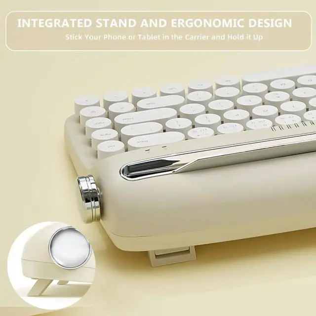 Alt view image 6 of 7 - 68 Keys Wireless Typewriter Keyboard, Retro Keyboard with Integrated Stand, USB-C/Bluetooth Keyboard with Cute Round Keycaps for Multi Device for Win/Mac - Sand Beige