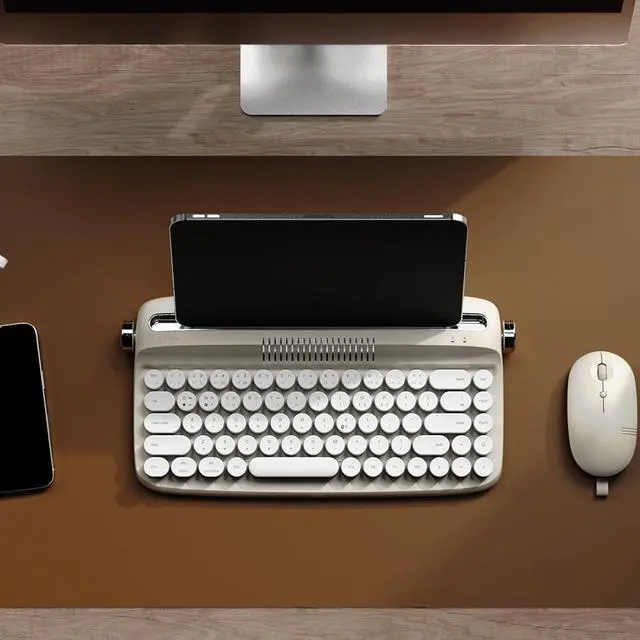 Alt view image 2 of 7 - 68 Keys Wireless Typewriter Keyboard, Retro Keyboard with Integrated Stand, USB-C/Bluetooth Keyboard with Cute Round Keycaps for Multi Device for Win/Mac - Sand Beige