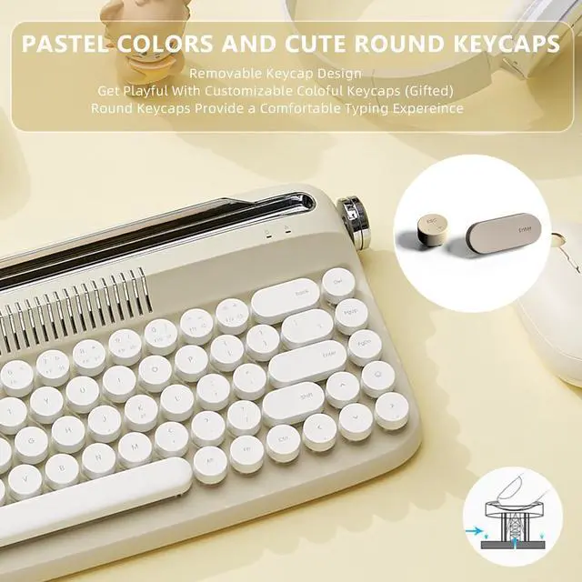 Alt view image 5 of 7 - 68 Keys Wireless Typewriter Keyboard, Retro Keyboard with Integrated Stand, USB-C/Bluetooth Keyboard with Cute Round Keycaps for Multi Device for Win/Mac - Sand Beige