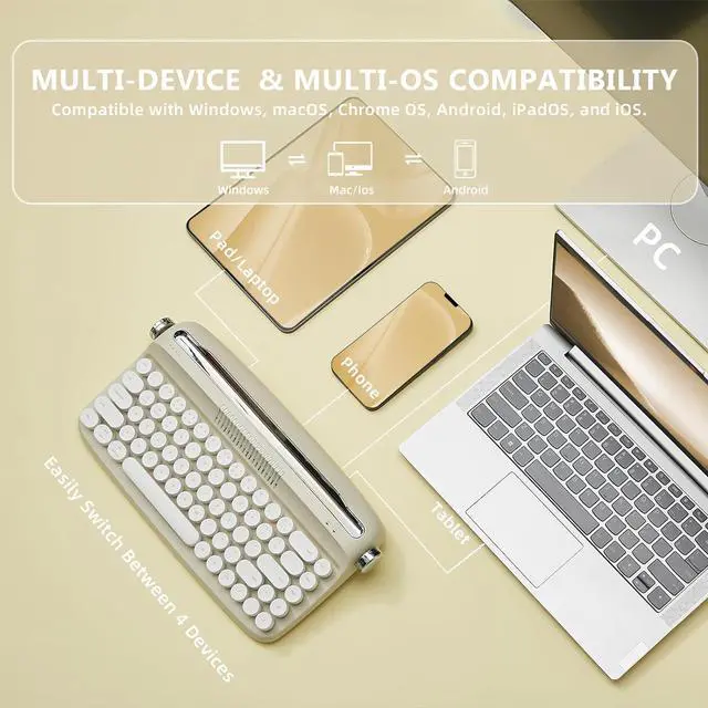 Alt view image 4 of 7 - 68 Keys Wireless Typewriter Keyboard, Retro Keyboard with Integrated Stand, USB-C/Bluetooth Keyboard with Cute Round Keycaps for Multi Device for Win/Mac - Sand Beige