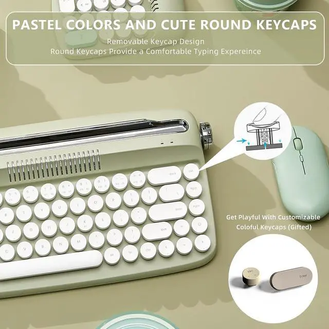 Alt view image 5 of 7 - 68 Keys Wireless Typewriter Keyboard, Retro Keyboard with Integrated Stand, USB-C/Bluetooth Keyboard with Cute Round Keycaps for Multi Device for Win/Mac - Sweet Mint