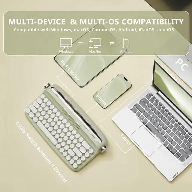 Alt view image 4 of 7 - 68 Keys Wireless Typewriter Keyboard, Retro Keyboard with Integrated Stand, USB-C/Bluetooth Keyboard with Cute Round Keycaps for Multi Device for Win/Mac - Sweet Mint