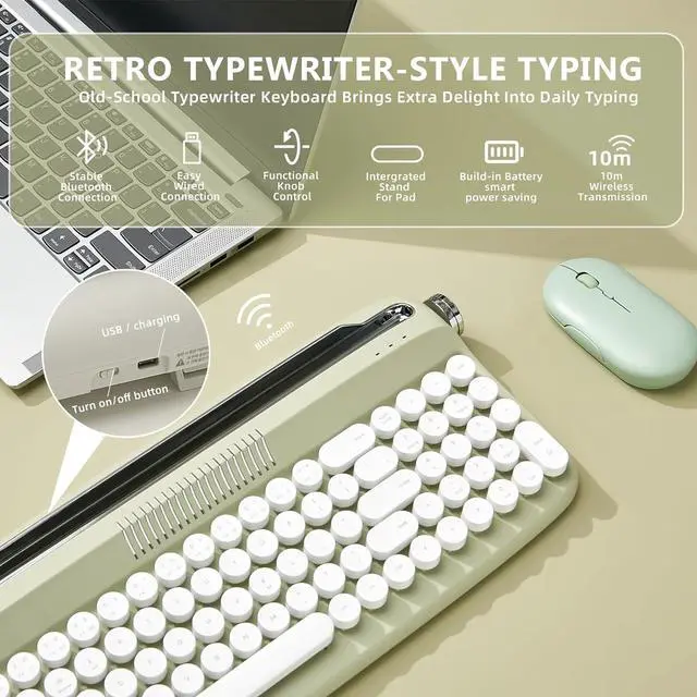 Alt view image 3 of 7 - 82 Keys Wireless Typewriter Keyboard, Retro Keyboard with Integrated Stand, USB-C/Bluetooth Keyboard with Cute Round Keycaps for Multi Device for Win/Mac - Sweet Mint