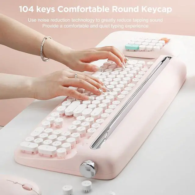 Alt view image 4 of 7 - 104 Keys Wireless Typewriter Keyboard, Retro Bluetooth Aesthetic Keyboard with Integrated Stand for Multi-Device - Baby Pink