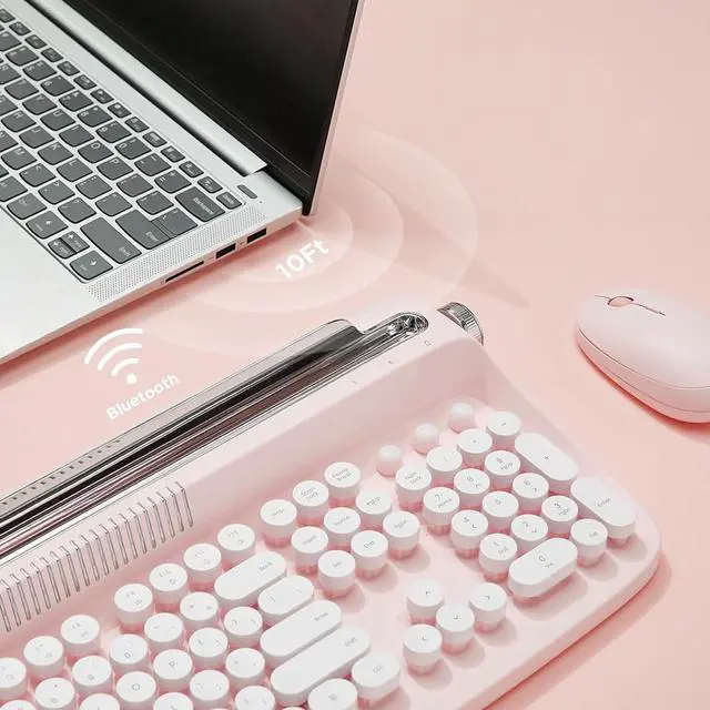 Alt view image 5 of 7 - 104 Keys Wireless Typewriter Keyboard, Retro Bluetooth Aesthetic Keyboard with Integrated Stand for Multi-Device - Baby Pink