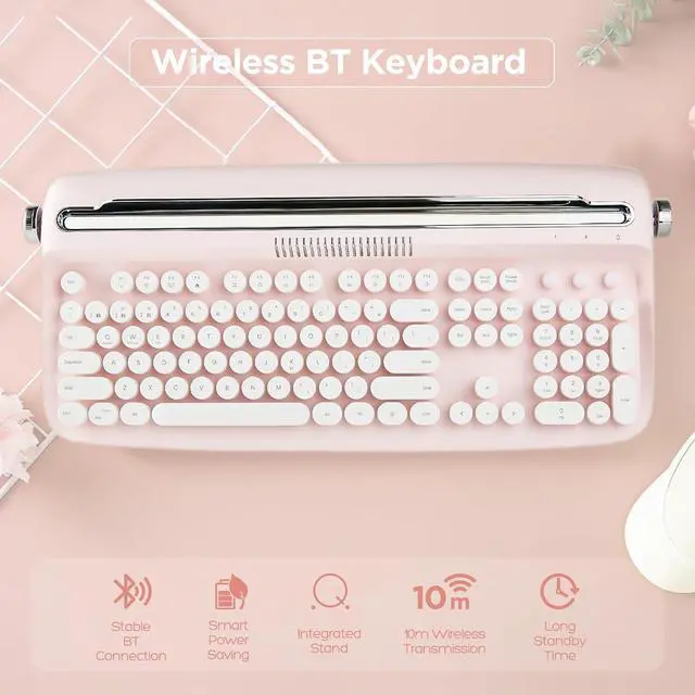 Alt view image 2 of 7 - 104 Keys Wireless Typewriter Keyboard, Retro Bluetooth Aesthetic Keyboard with Integrated Stand for Multi-Device - Baby Pink