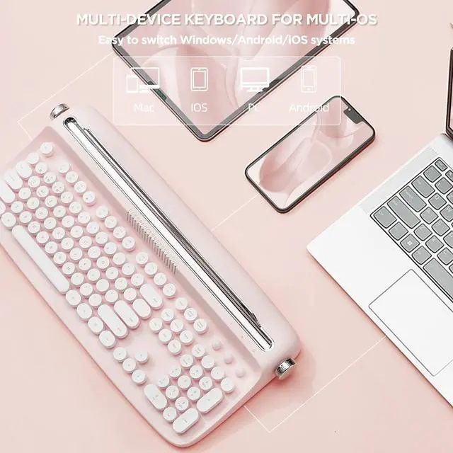 Alt view image 3 of 7 - 104 Keys Wireless Typewriter Keyboard, Retro Bluetooth Aesthetic Keyboard with Integrated Stand for Multi-Device - Baby Pink