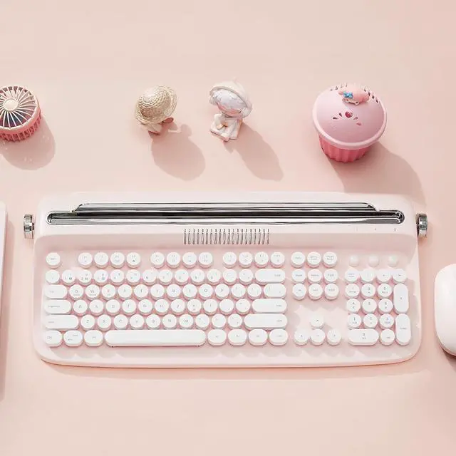 Alt view image 7 of 7 - 104 Keys Wireless Typewriter Keyboard, Retro Bluetooth Aesthetic Keyboard with Integrated Stand for Multi-Device - Baby Pink