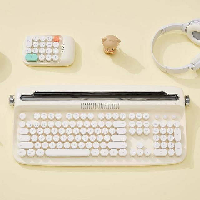 Alt view image 7 of 7 - 104 Keys Wireless Typewriter Keyboard, Retro Bluetooth Aesthetic Keyboard with Integrated Stand for Multi-Device - Ivory Butter