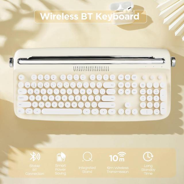 Alt view image 2 of 7 - 104 Keys Wireless Typewriter Keyboard, Retro Bluetooth Aesthetic Keyboard with Integrated Stand for Multi-Device - Ivory Butter
