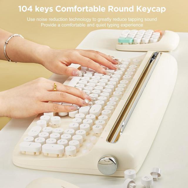 Alt view image 4 of 7 - 104 Keys Wireless Typewriter Keyboard, Retro Bluetooth Aesthetic Keyboard with Integrated Stand for Multi-Device - Ivory Butter