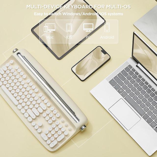 Alt view image 3 of 7 - 104 Keys Wireless Typewriter Keyboard, Retro Bluetooth Aesthetic Keyboard with Integrated Stand for Multi-Device - Ivory Butter