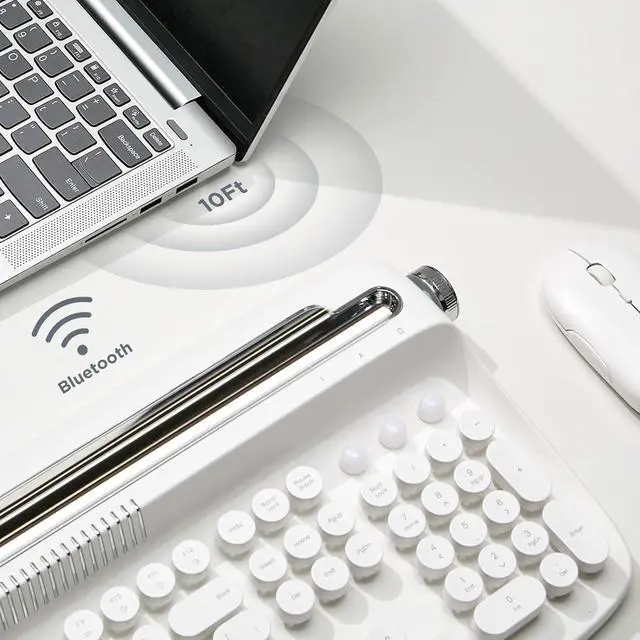 Alt view image 5 of 7 - 104 Keys Wireless Typewriter Keyboard, Retro Bluetooth Aesthetic Keyboard with Integrated Stand for Multi-Device - Snow White
